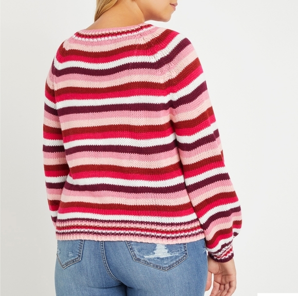 Eloquii Striped Puff Sleeve Sweater - Pink, Red, White Sz 18/20 - Picture 2 of 2